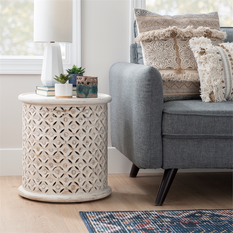 Home Square Wood Hand Carved Accent Table in White - Set of 2