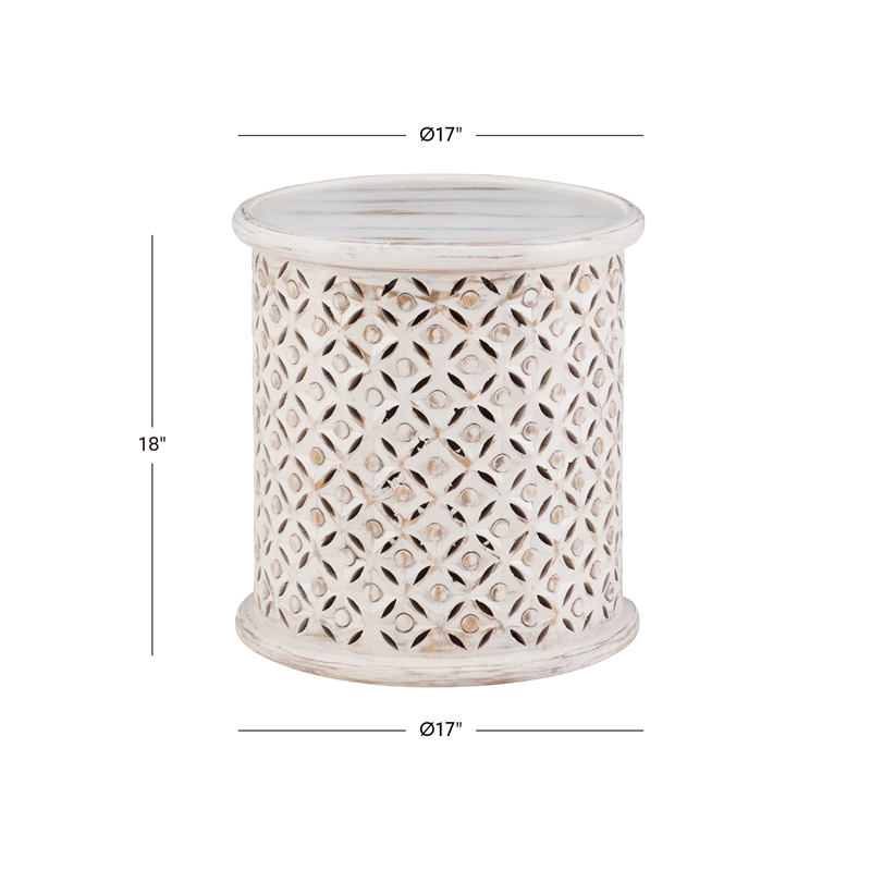 Home Square Wood Hand Carved Accent Table in White - Set of 2