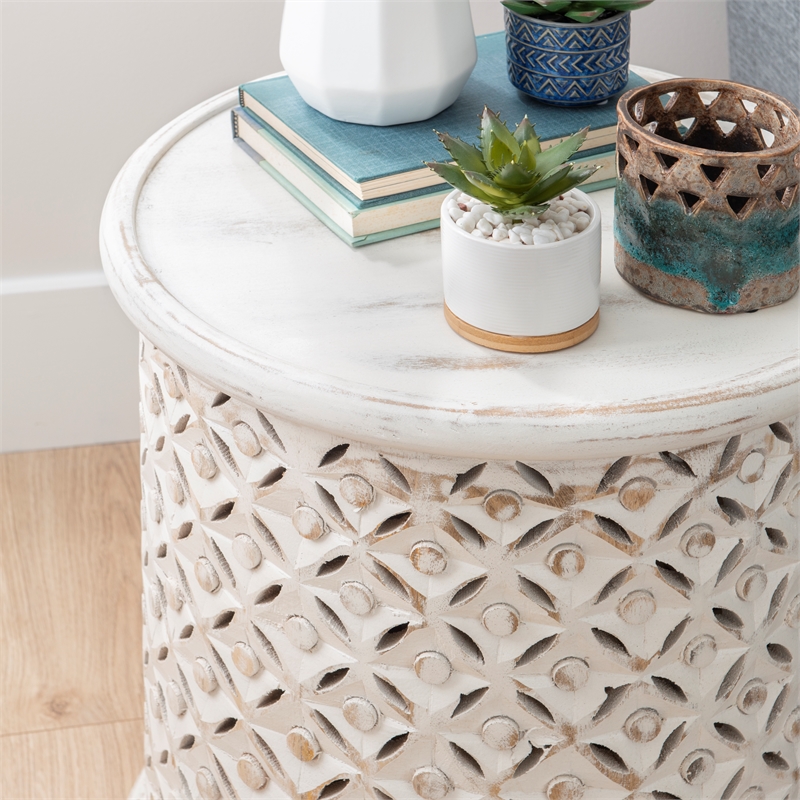 Home Square Wood Hand Carved Accent Table in White - Set of 2