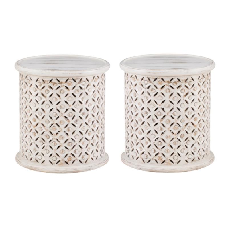 Home Square Wood Hand Carved Accent Table in White - Set of 2