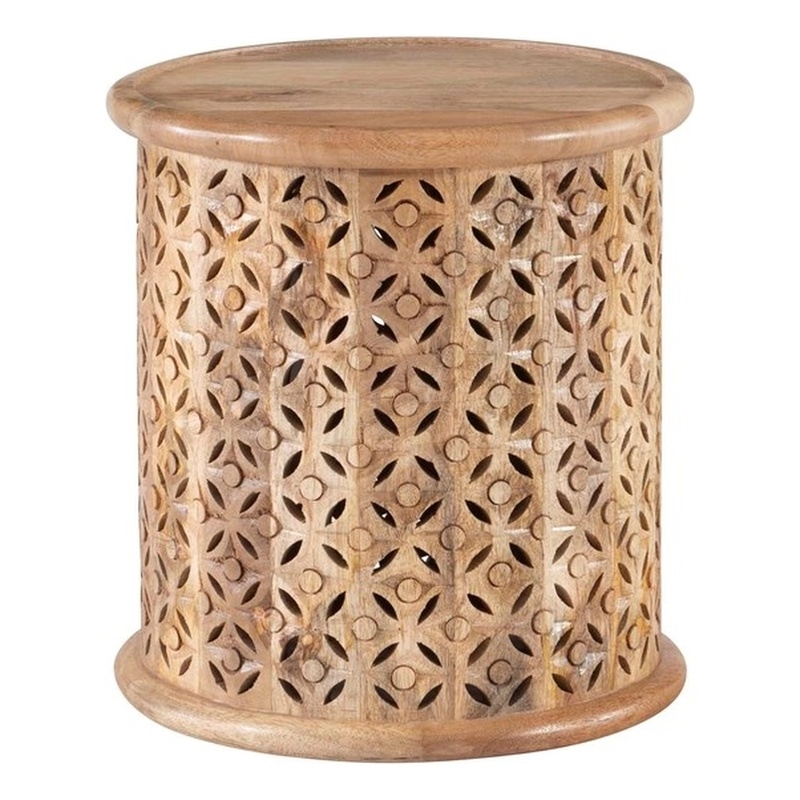 Home Square Wood Hand Carved Side Table in Natural - Set of 2