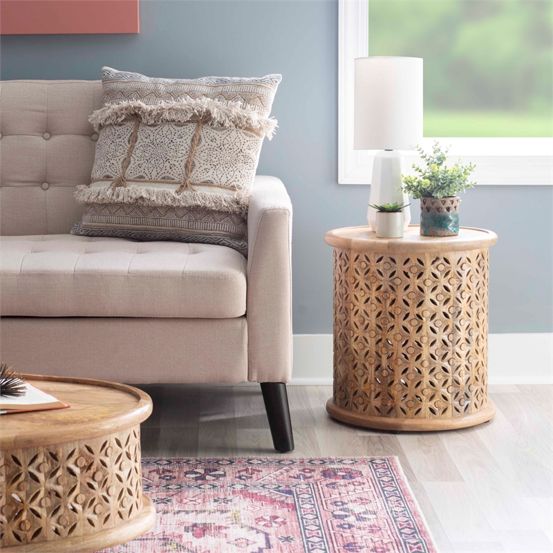 Home Square Wood Hand Carved Side Table in Natural - Set of 2
