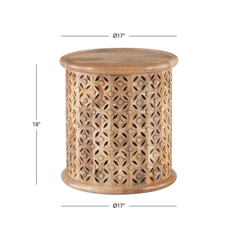 Home Square Wood Hand Carved Side Table in Natural - Set of 2