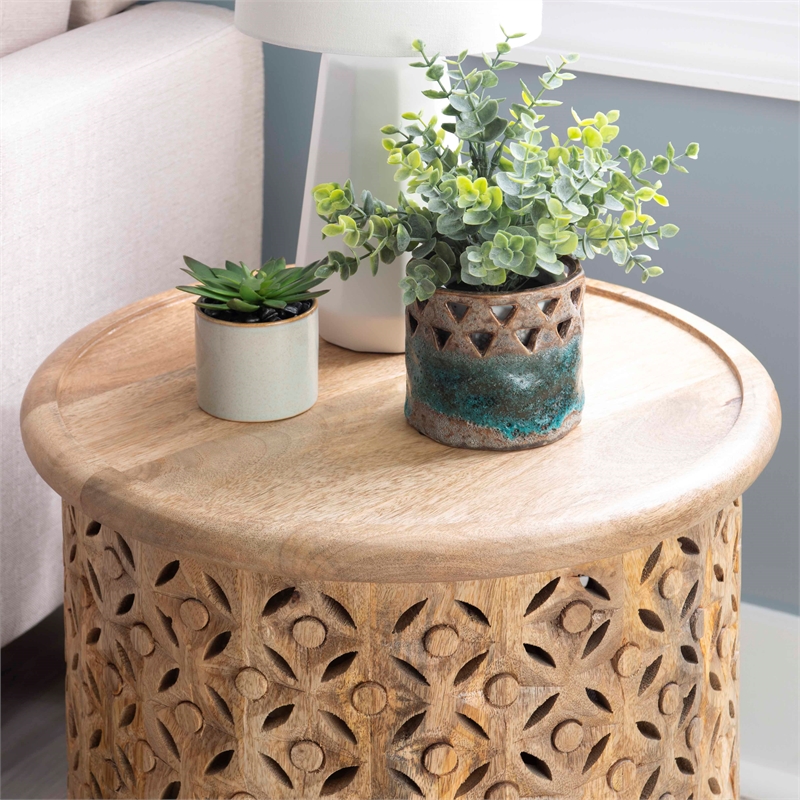 Home Square Wood Hand Carved Side Table in Natural - Set of 2