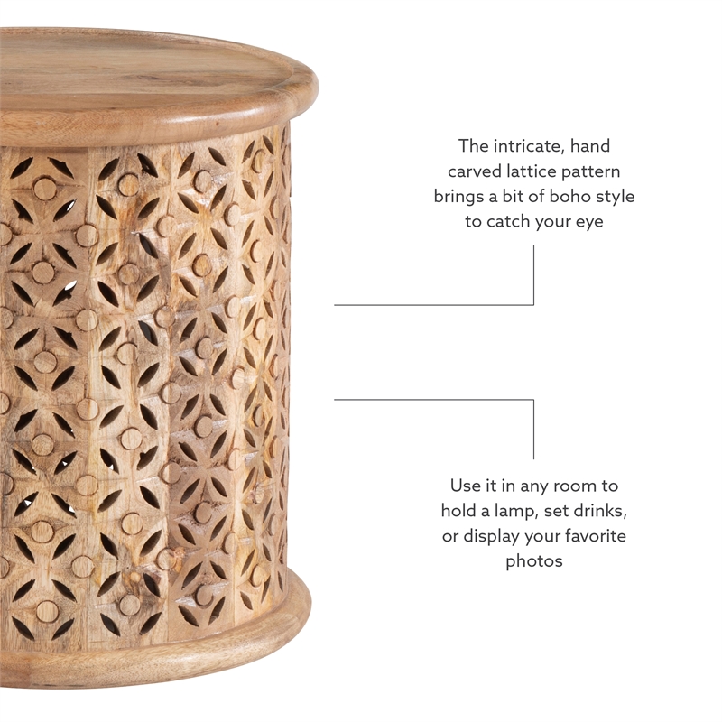 Home Square Wood Hand Carved Side Table in Natural - Set of 2