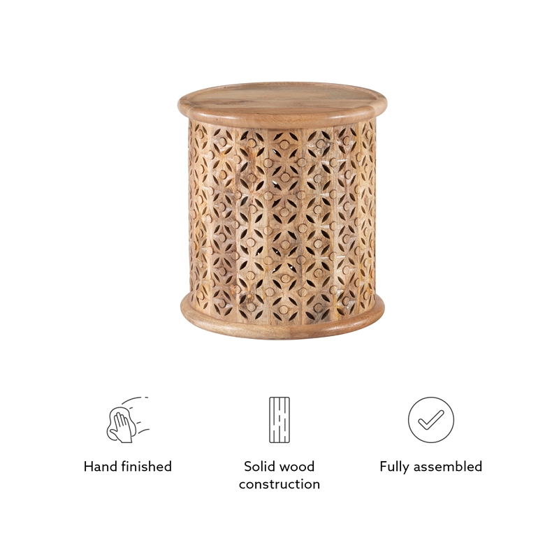 Home Square Wood Hand Carved Side Table in Natural - Set of 2