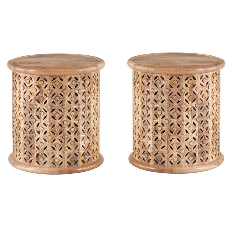 Home Square Wood Hand Carved Side Table in Natural - Set of 2