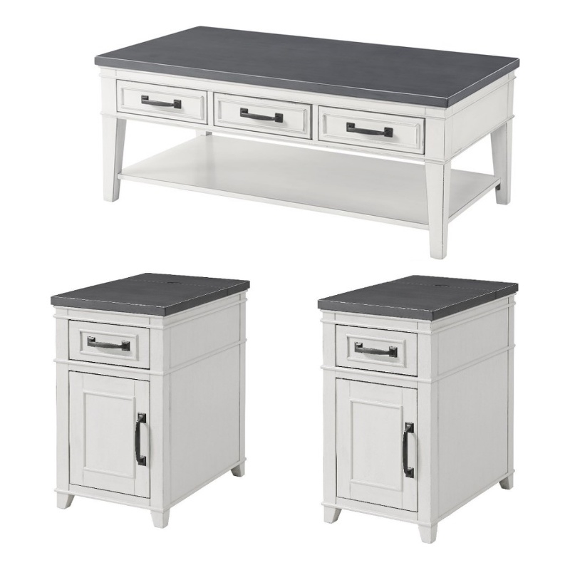 Home Square 3 Piece Set with Coffee Table and 2 Chairside Table in White & Grey