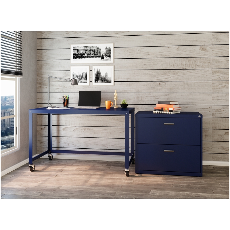 Home Square 2-Piece Set with Mobile Desk & 3 Drawer File Cabinet in Navy