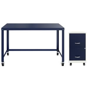 Home Square 2-Piece Set with Mobile Desk & 18&quot 2 Drawer File Cabinet in Navy
