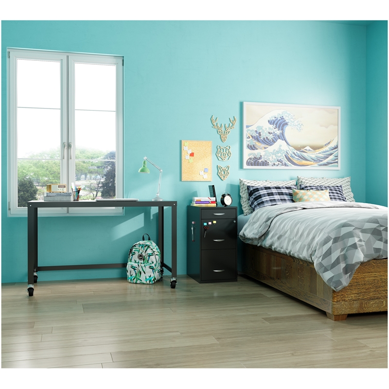 Home Square 3-Piece Set with Mobile Desk & File Cabinet & 5-Shelf Bookcase Black