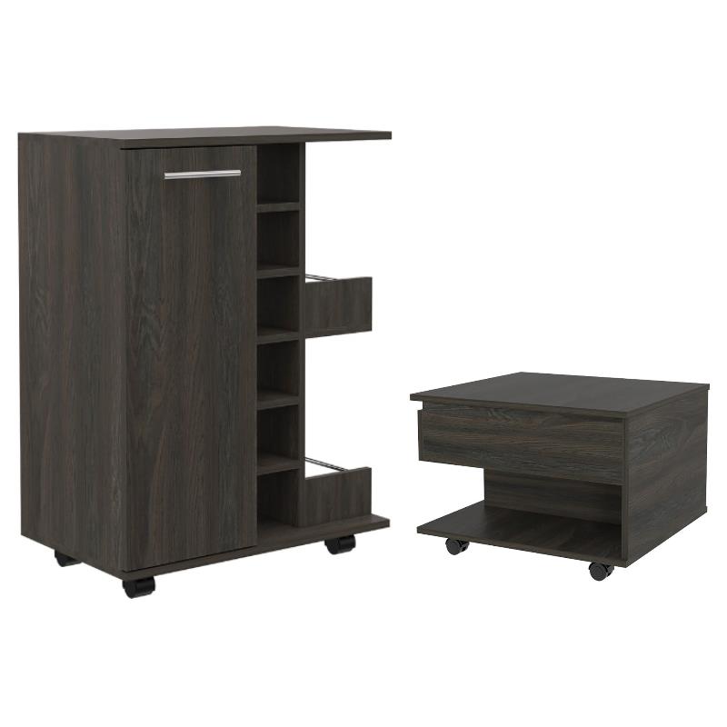 Home Square 2-Piece Set with Bar Cart Cabinet and Lift Top Coffee Table