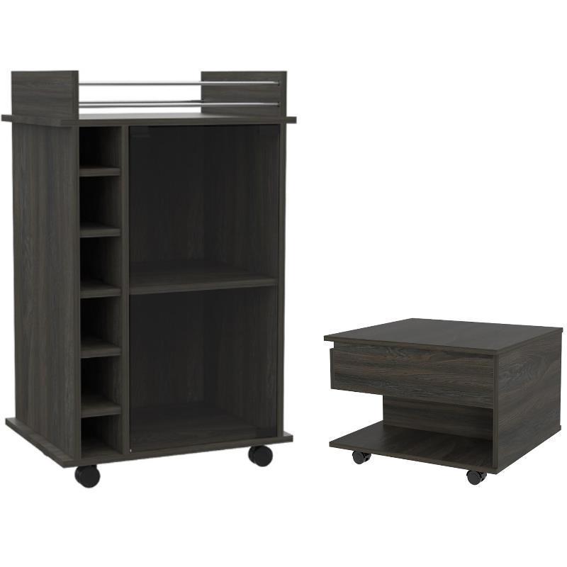 Home Square 2-Piece Set with Glass Door Bar Cart & Coffee Table