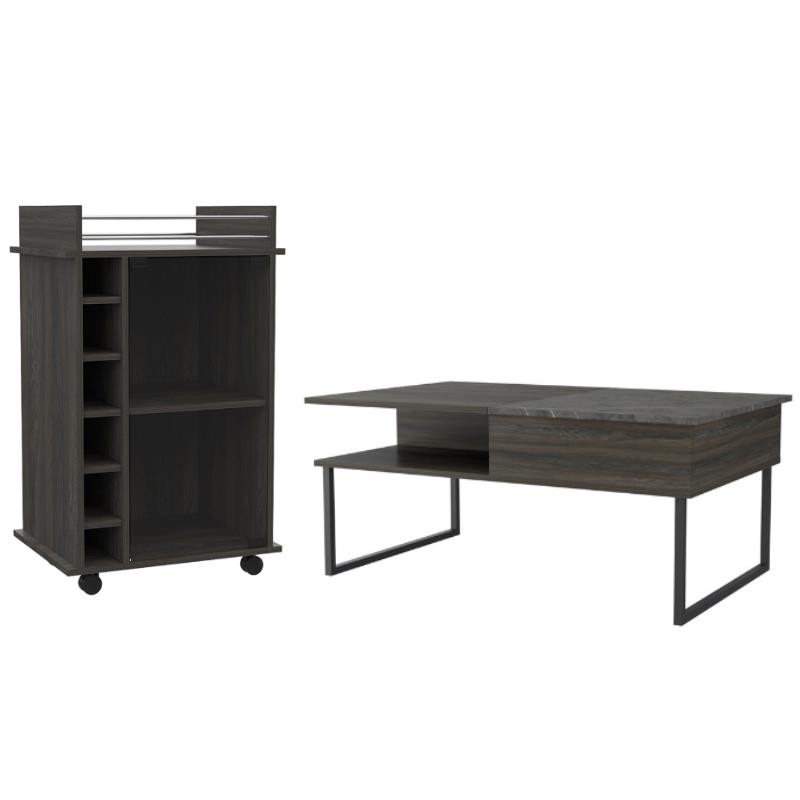 Home Square 2-Piece Set with Lift Top Coffee Table & Glass Door Bar Cart