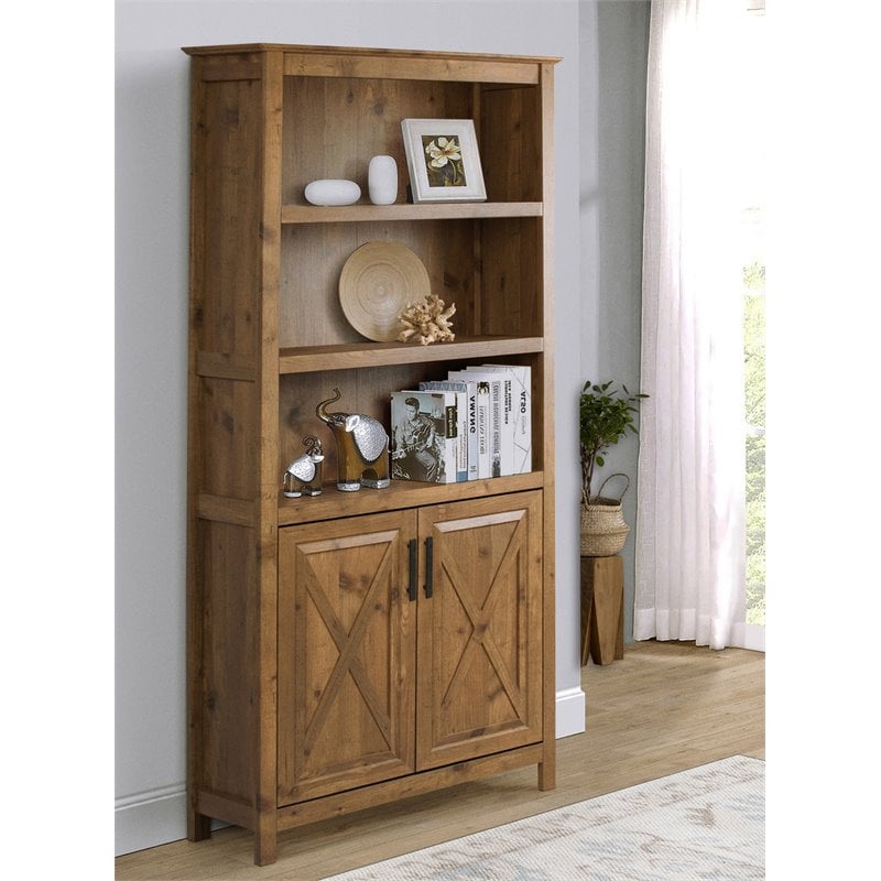 Home Square 2-Door Farmhouse Wood Bookcase in Rustic Brown - Set of 2
