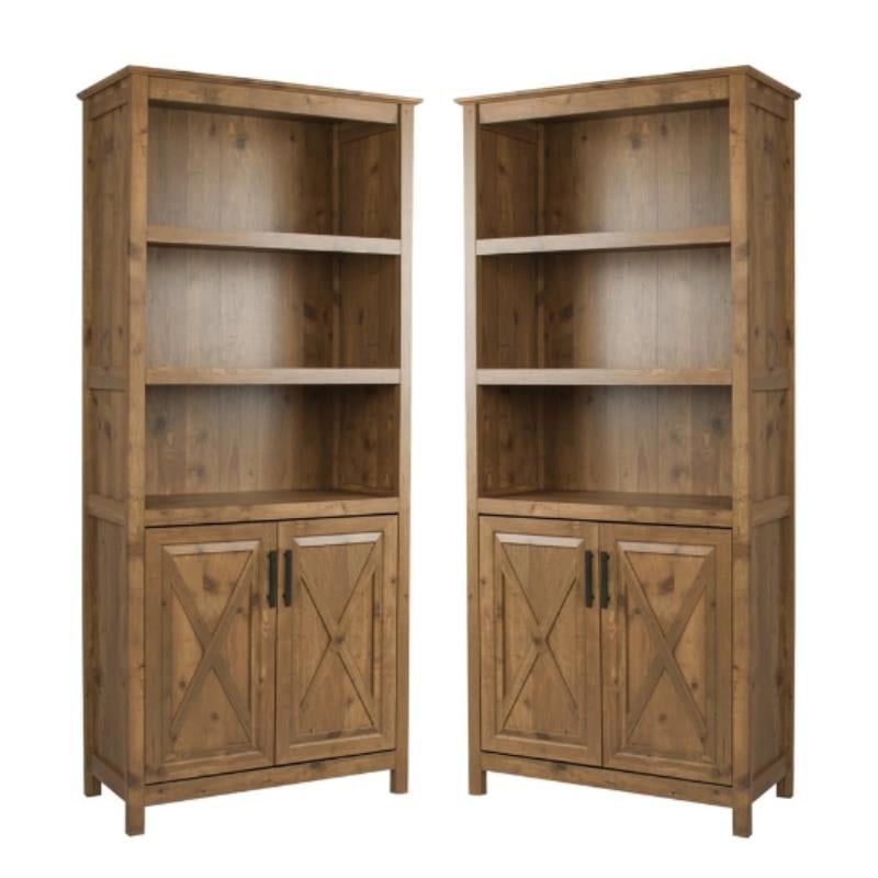 Home Square 2-Door Farmhouse Wood Bookcase in Rustic Brown - Set of 2