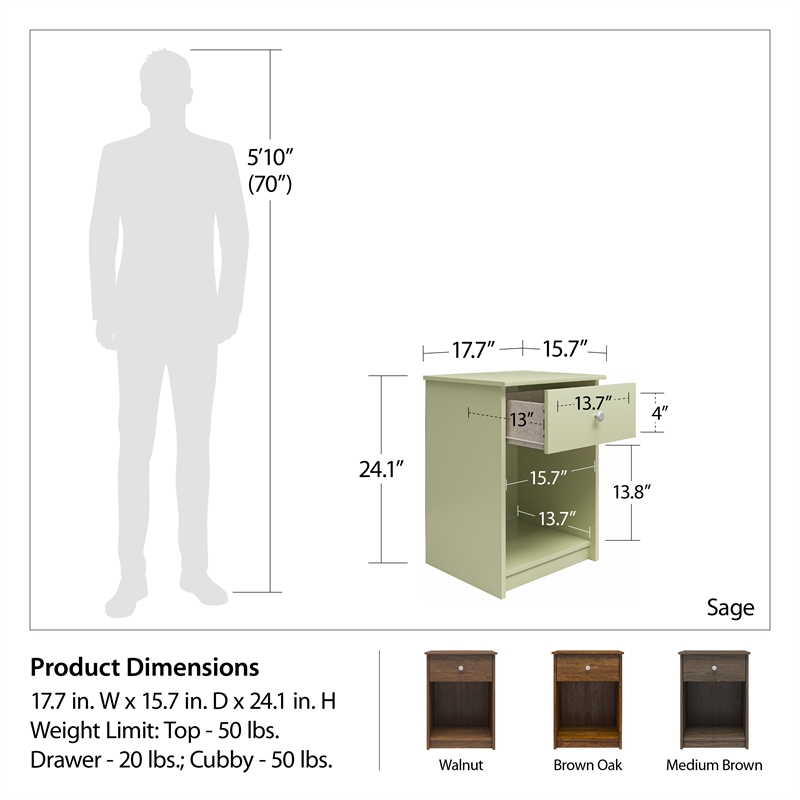 Home Square Nightstand with Drawer in Walnut Finish - Set of 2