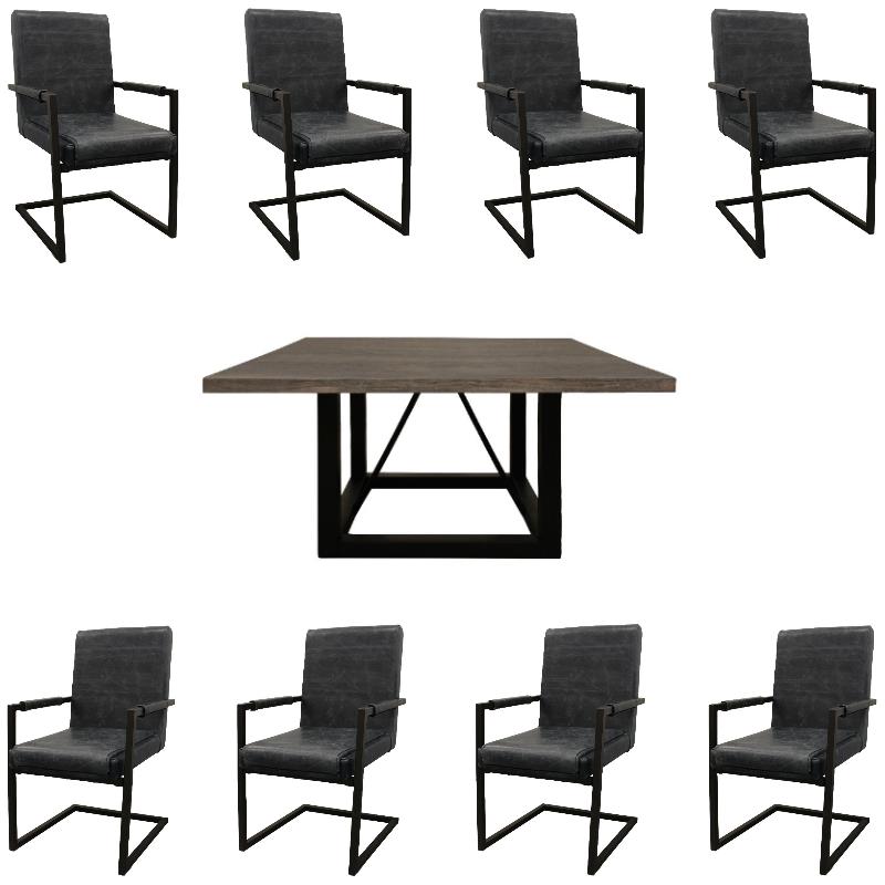 Home Square 9-Piece Set with Square Dining Table and 8 Leather Arm Chairs
