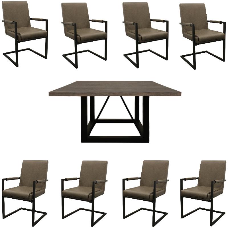 Home Square 9-Piece Set with Square Dining Table & 8 Leather Arm Chairs in Gray