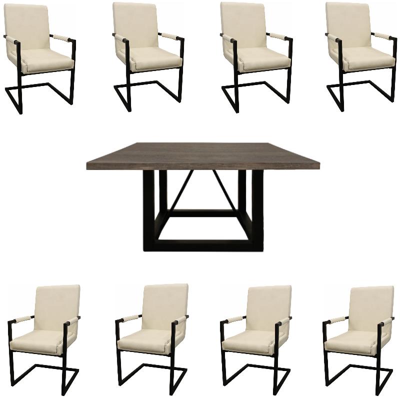 Home Square 9-Piece Set with Square Dining Table & 8 Leather Arm Chairs in Ivory