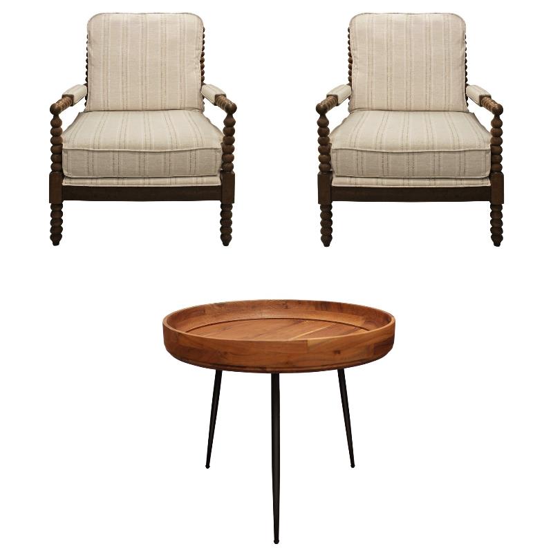 Home Square 3-Piece Set with Round Side Table and 2 Fabric Occasional Chairs