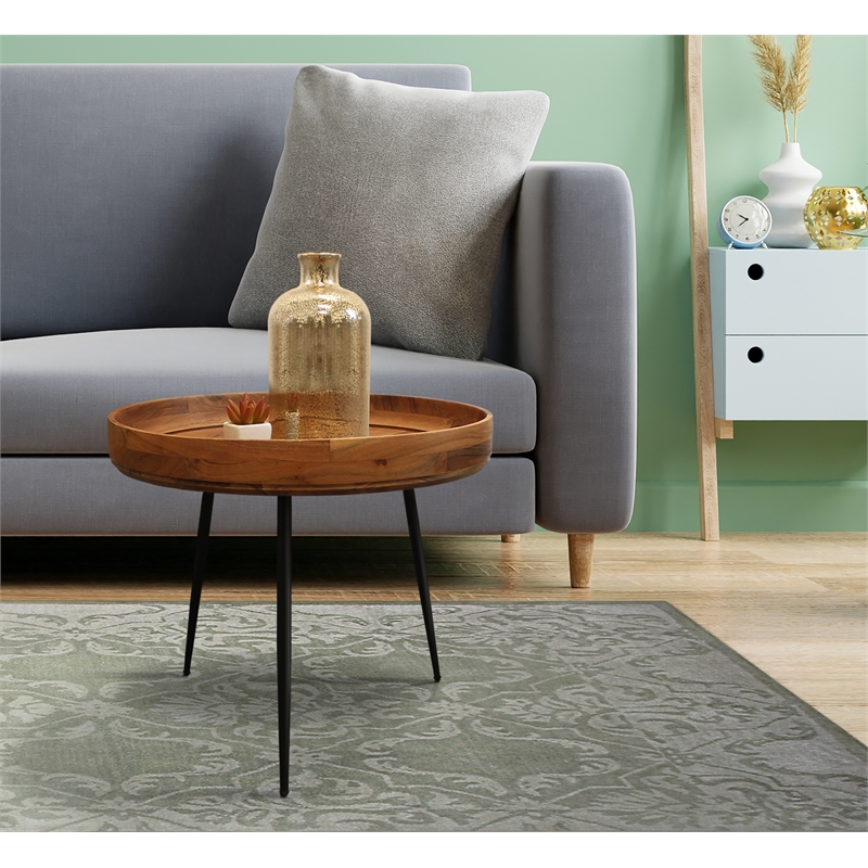 Home Square 3-Piece Set with Round Side Table and 2 Blue Velvet Chairs