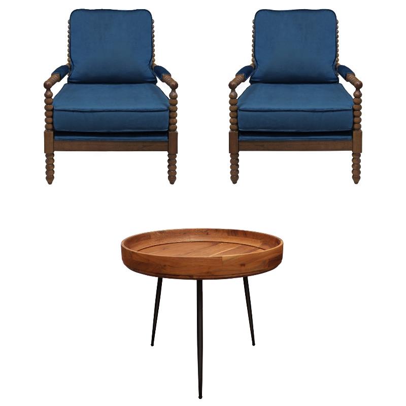 Home Square 3-Piece Set with Round Side Table and 2 Blue Velvet Chairs