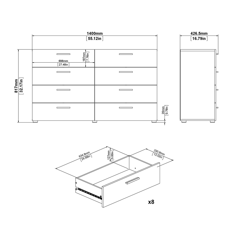 Home Square 3-Piece Set with Space Wardrobe & Dresser & Chest in White