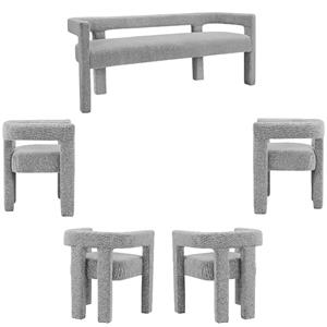 5 Piece Boulce Upholstered Dining Chairs and Bench Set in Gray