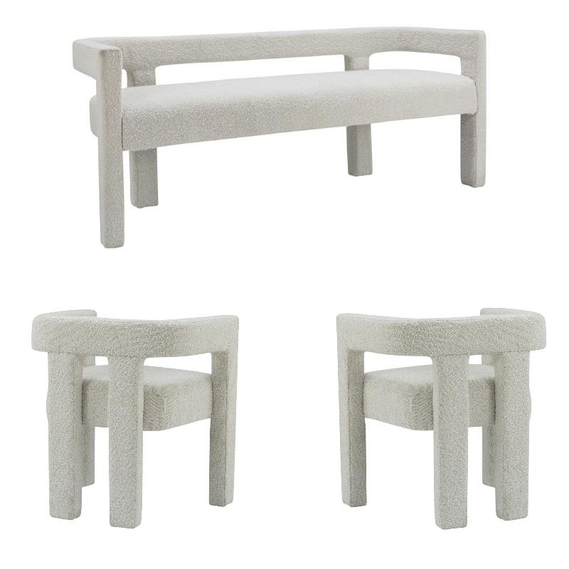 3 Piece Boulce Upholstered Dining Chairs and Bench Set in Cream