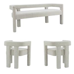 3 Piece Boulce Upholstered Dining Chairs and Bench Set in Cream