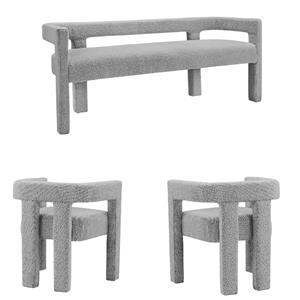 3 Piece Boulce Upholstered Dining Chairs and Bench Set in Gray
