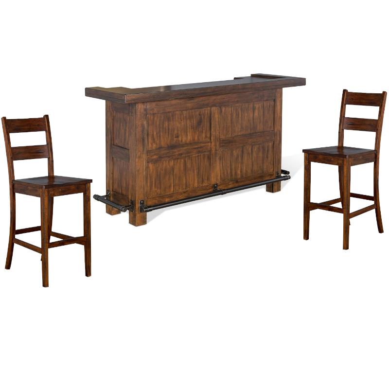 Home Bar and Ladderback Bar Stools in Vintage Mocha 3 Piece Set