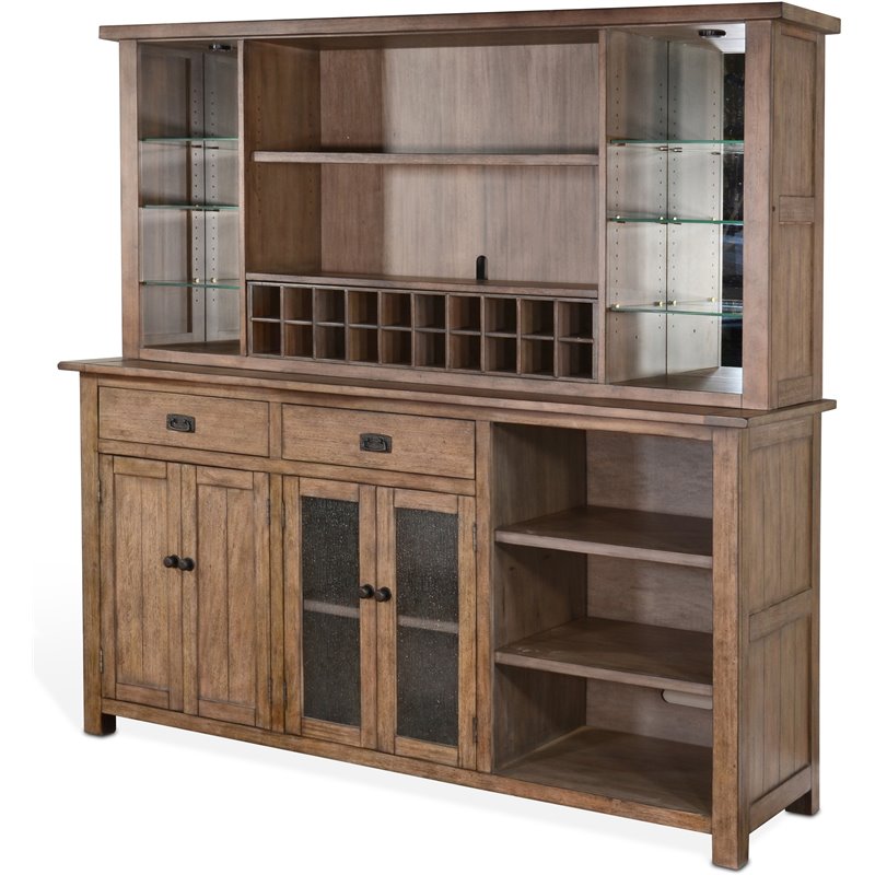 Home Bar and Storage Buffet Cabinet with Hutch in Taupe Brown 2 Piece Set