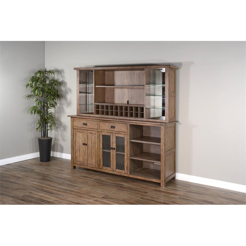 Home Bar and Storage Buffet Cabinet with Hutch in Taupe Brown 2 Piece Set