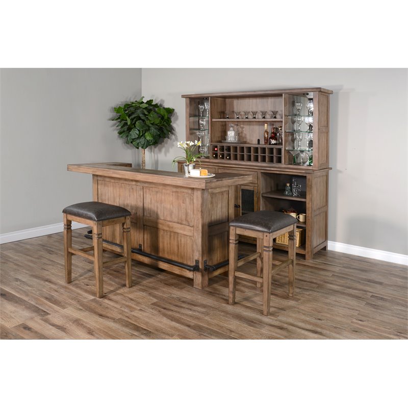 Home Bar and Storage Buffet Cabinet with Hutch in Taupe Brown 2 Piece Set