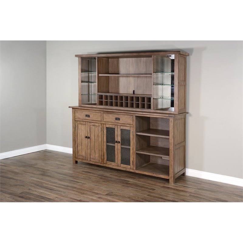 Home Bar and Storage Buffet Cabinet with Hutch in Taupe Brown 2 Piece Set