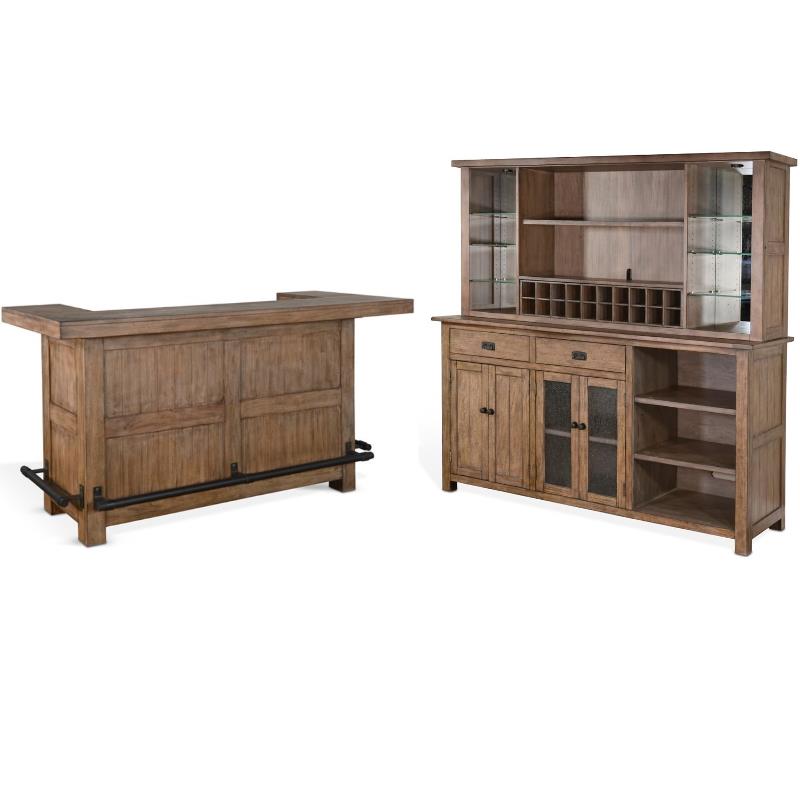 Home Bar and Storage Buffet Cabinet with Hutch in Taupe Brown 2 Piece Set
