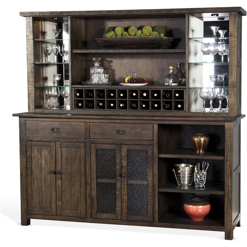 Home Bar and Storage Buffet Cabinet with Hutch in Tobacco Leaf 2 Piece Set