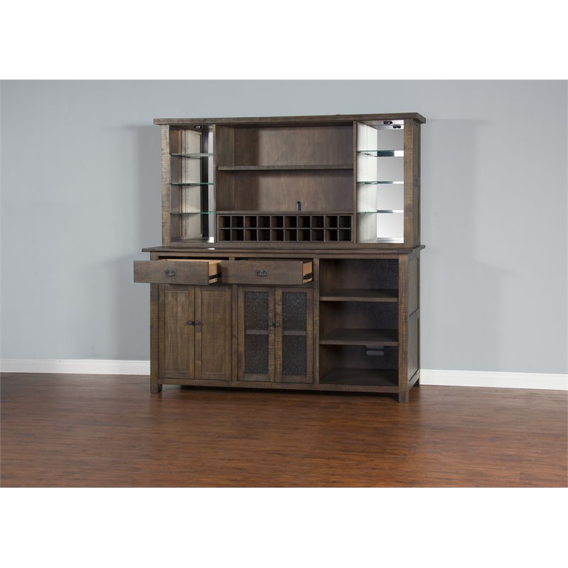 Home Bar and Storage Buffet Cabinet with Hutch in Tobacco Leaf 2 Piece Set
