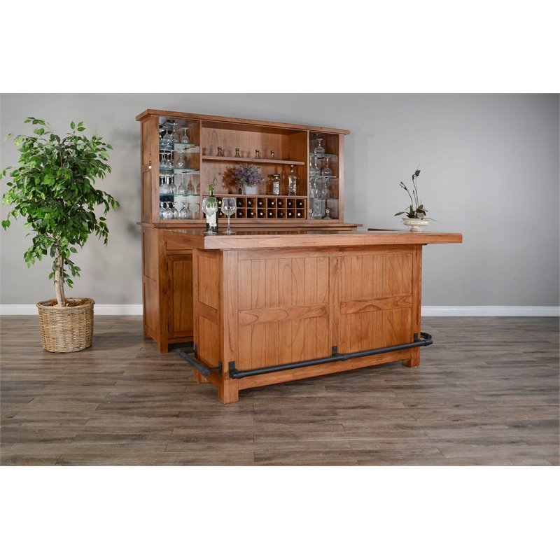 Home Bar and Storage Buffet Cabinet with Hutch in Rustic Oak (2 Piece Set)