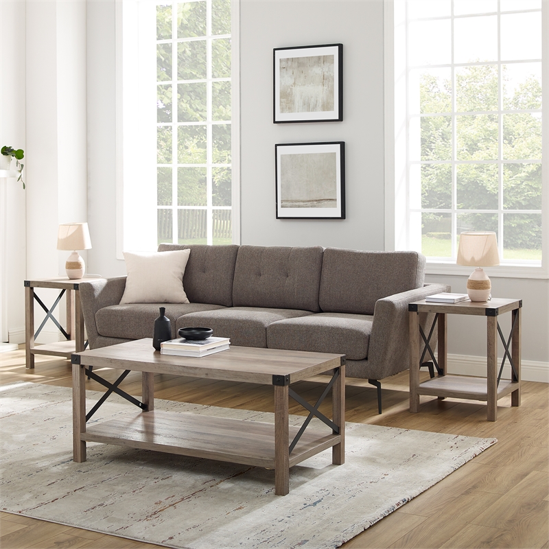 Farmhouse Fireplace TV Stand with Coffee Table and 2 End Tables Set in Gray Wash