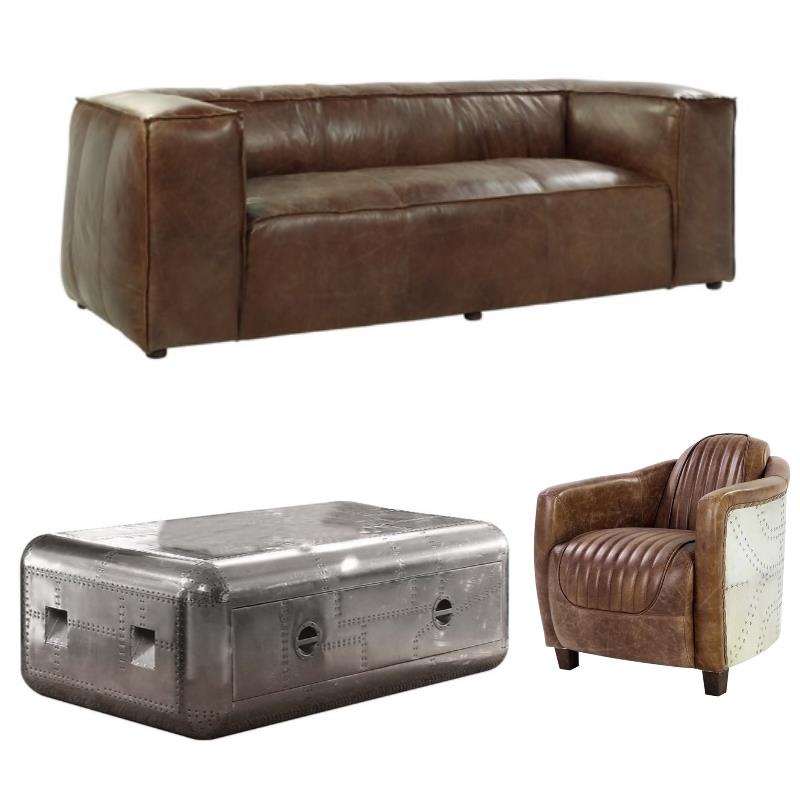 Home Square 3-Piece Set with Sofa and Coffee Table and Leather Chair