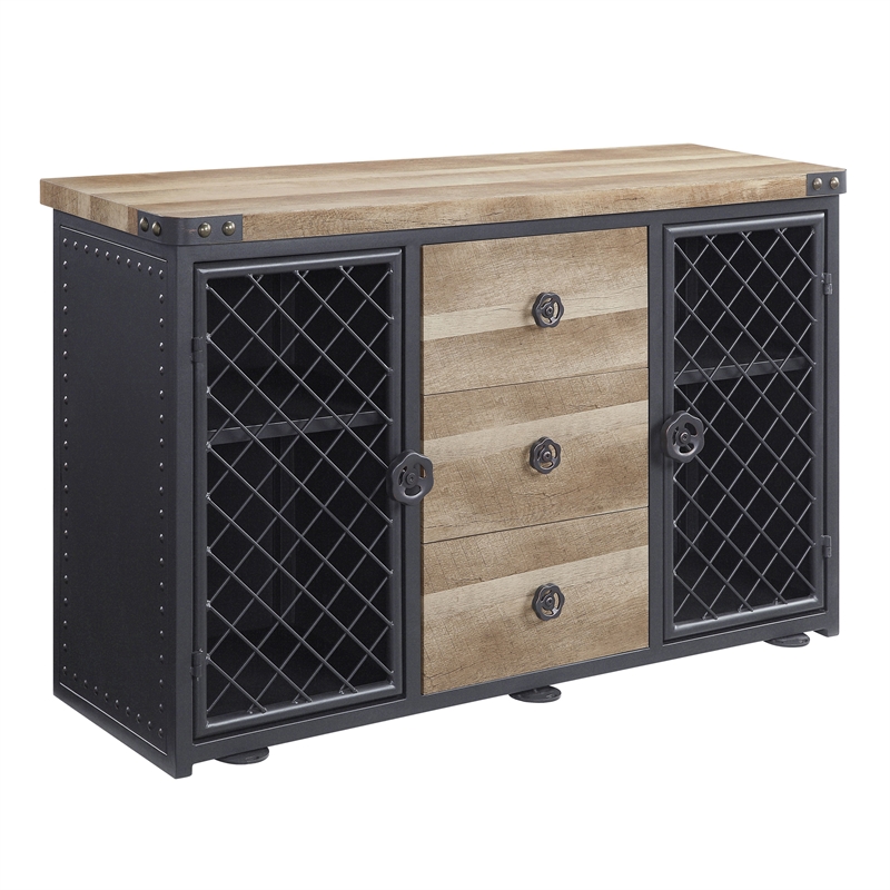 Home Square 2-Piece Set with 3 Drawer Server and Metal Frame Wine Shelf in Oak