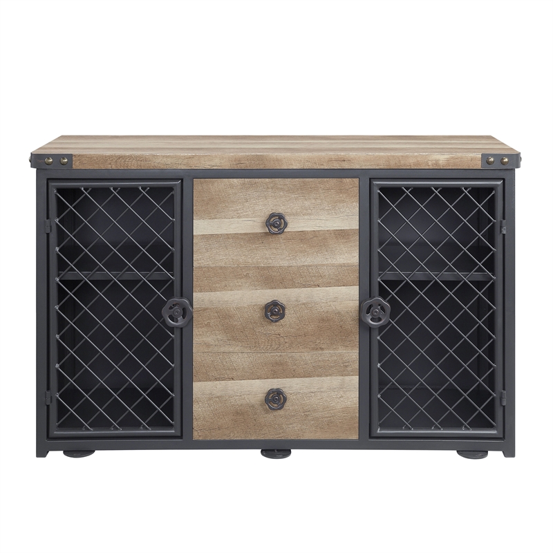 Home Square 2-Piece Set with 3 Drawer Server and Metal Frame Wine Shelf in Oak