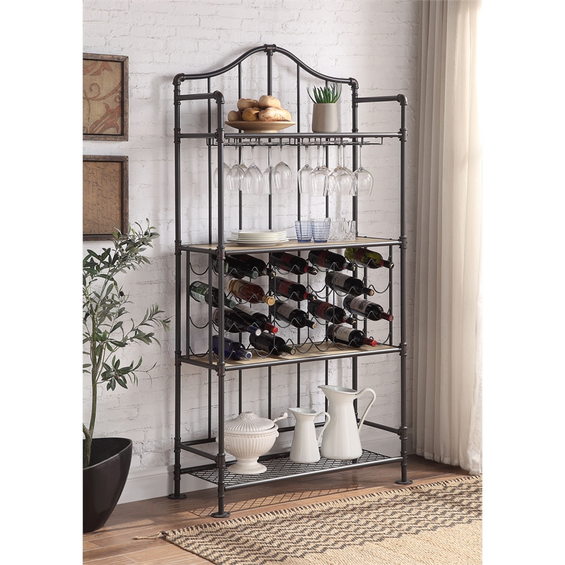 Home Square 2-Piece Set with 3 Drawer Server and Metal Frame Wine Shelf in Oak