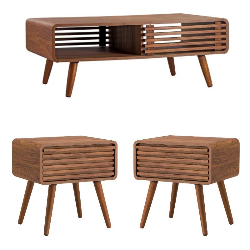 Home Square 3-Piece Set with 2 Side Tables and Coffee Table in Walnut