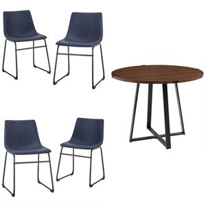 Home Square 5-Piece Faux Leather & Wood Dining Set in Blue/Walnut