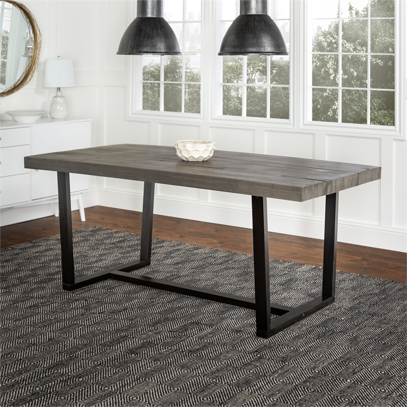 Home Square 7-Piece Set with Rustic Wood Dining Table & 6 Dining Chairs in Black
