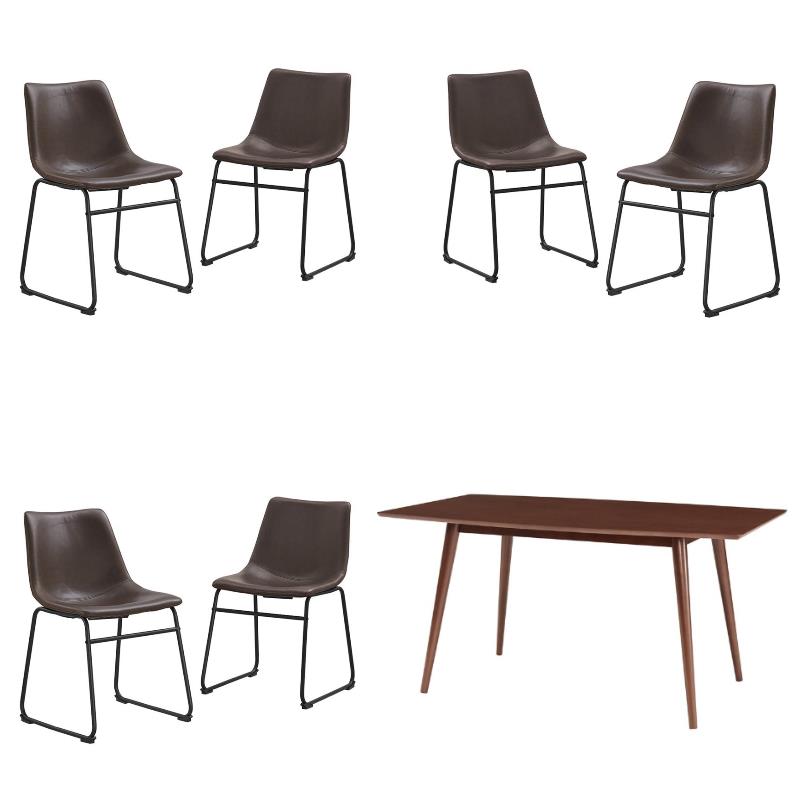 Home Square 7-Piece Set with Mid-Century Dining Table & 6 Dining Chairs in Brown